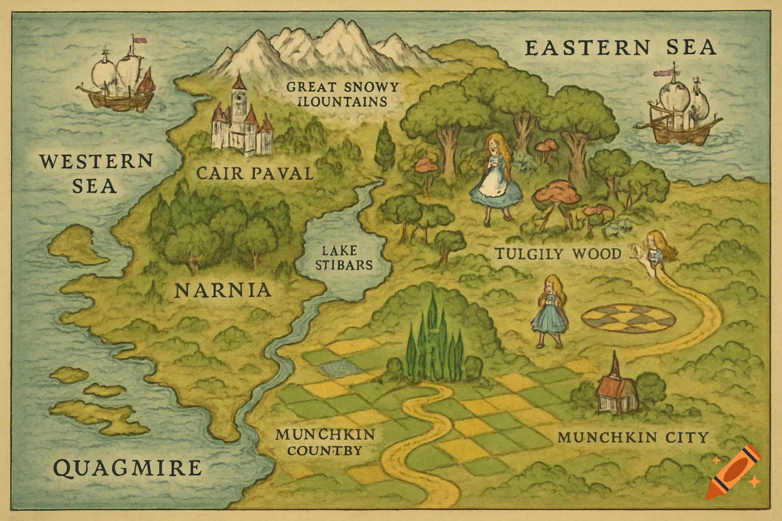 Illustrated fantasy world map with locations from Narnia, Alice in Wonderland, and Oz.