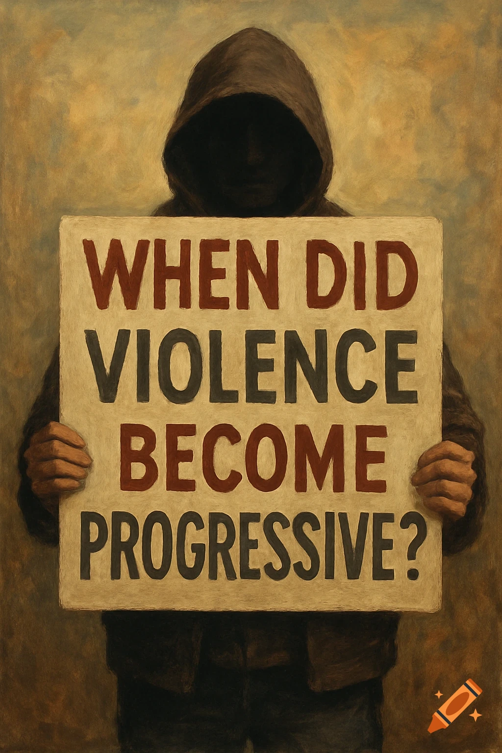 Painting of a hooded figure holding a sign that reads 'When Did Violence Become Progressive?'