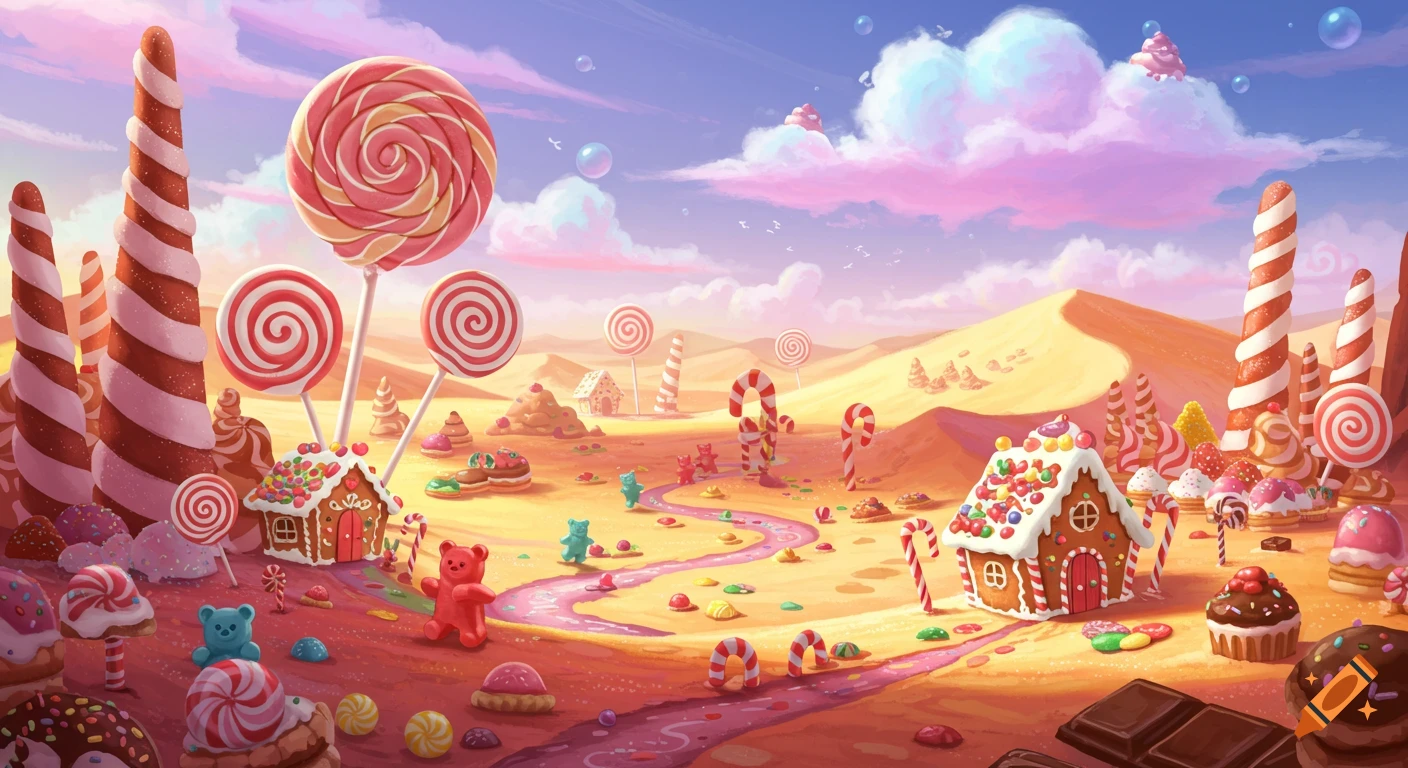 A colorful fantasy landscape made of candy with gingerbread houses, lollipop trees, and gummy bears.