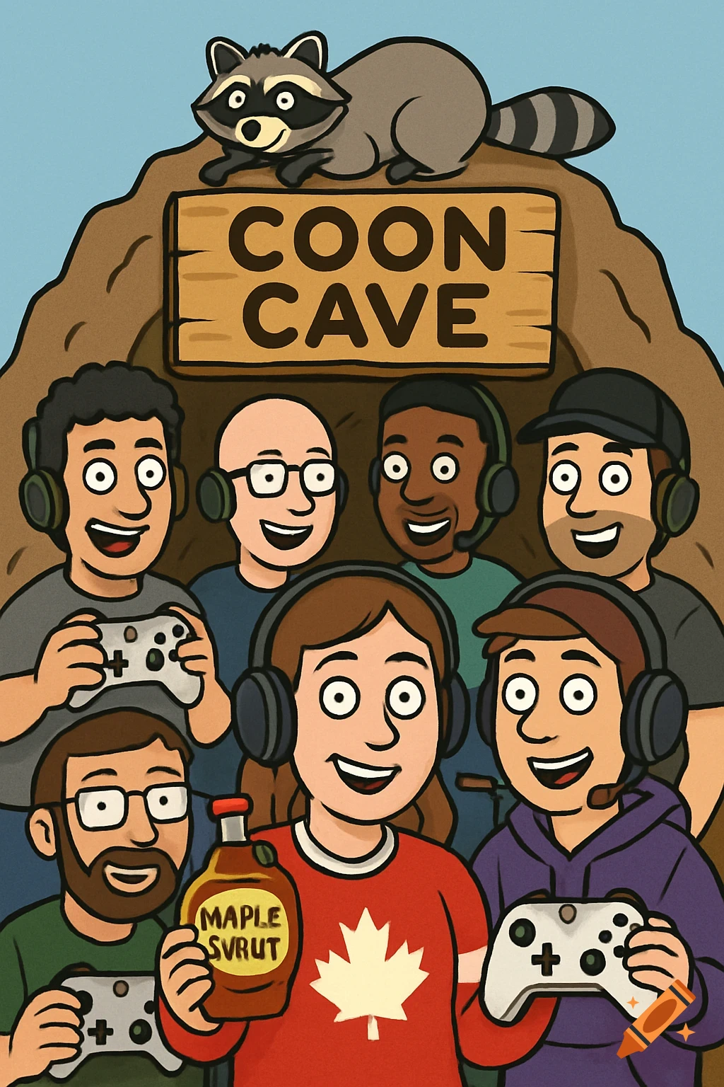 Cartoon image of gamers with headsets and controllers in front of a cave sign that says "COON CAVE", with a raccoon on top. One person wears a maple leaf shirt.