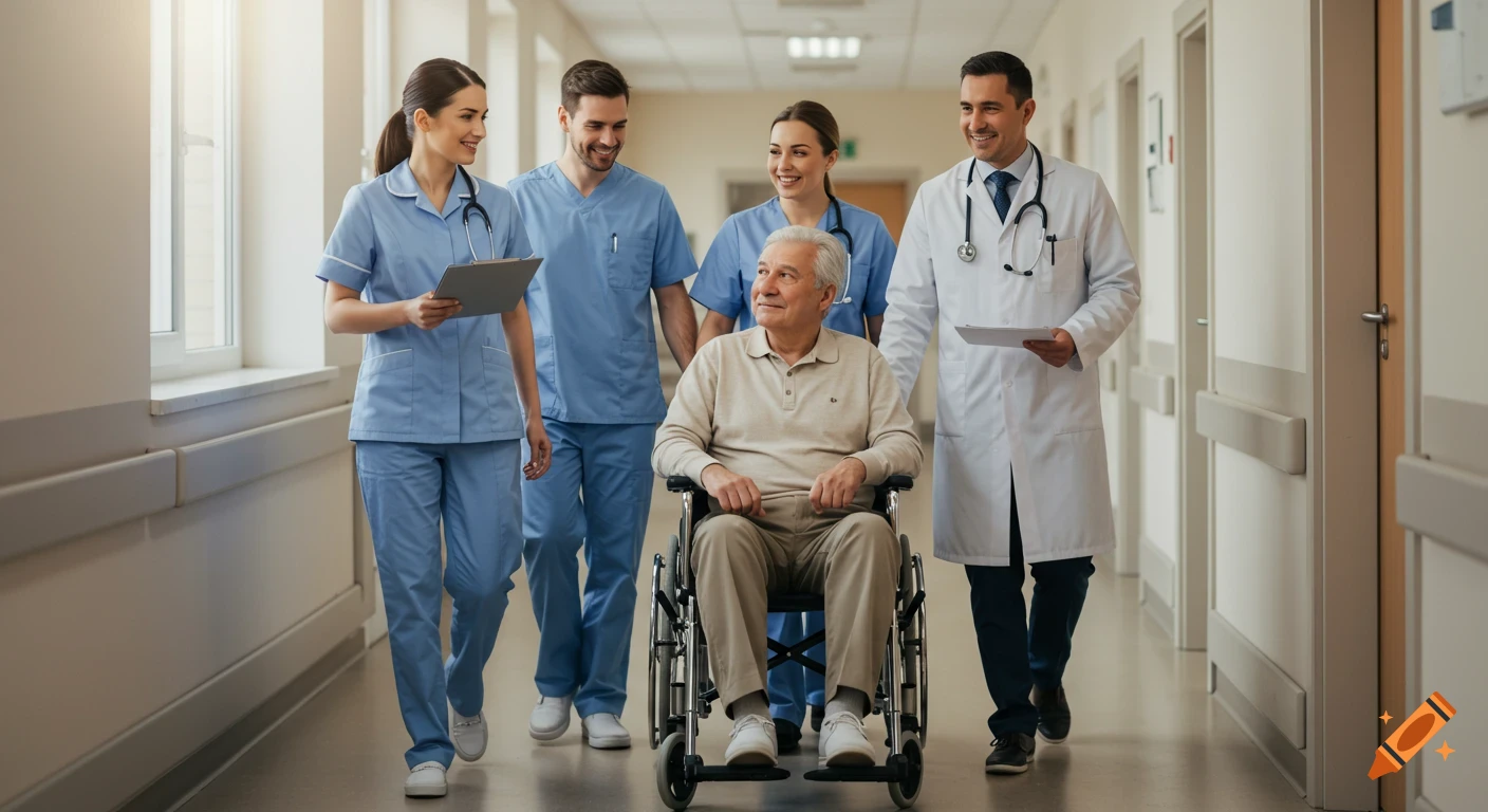 Healthcare professionals push a patient in a wheelchair down a hospital hallway in a realistic photo.
