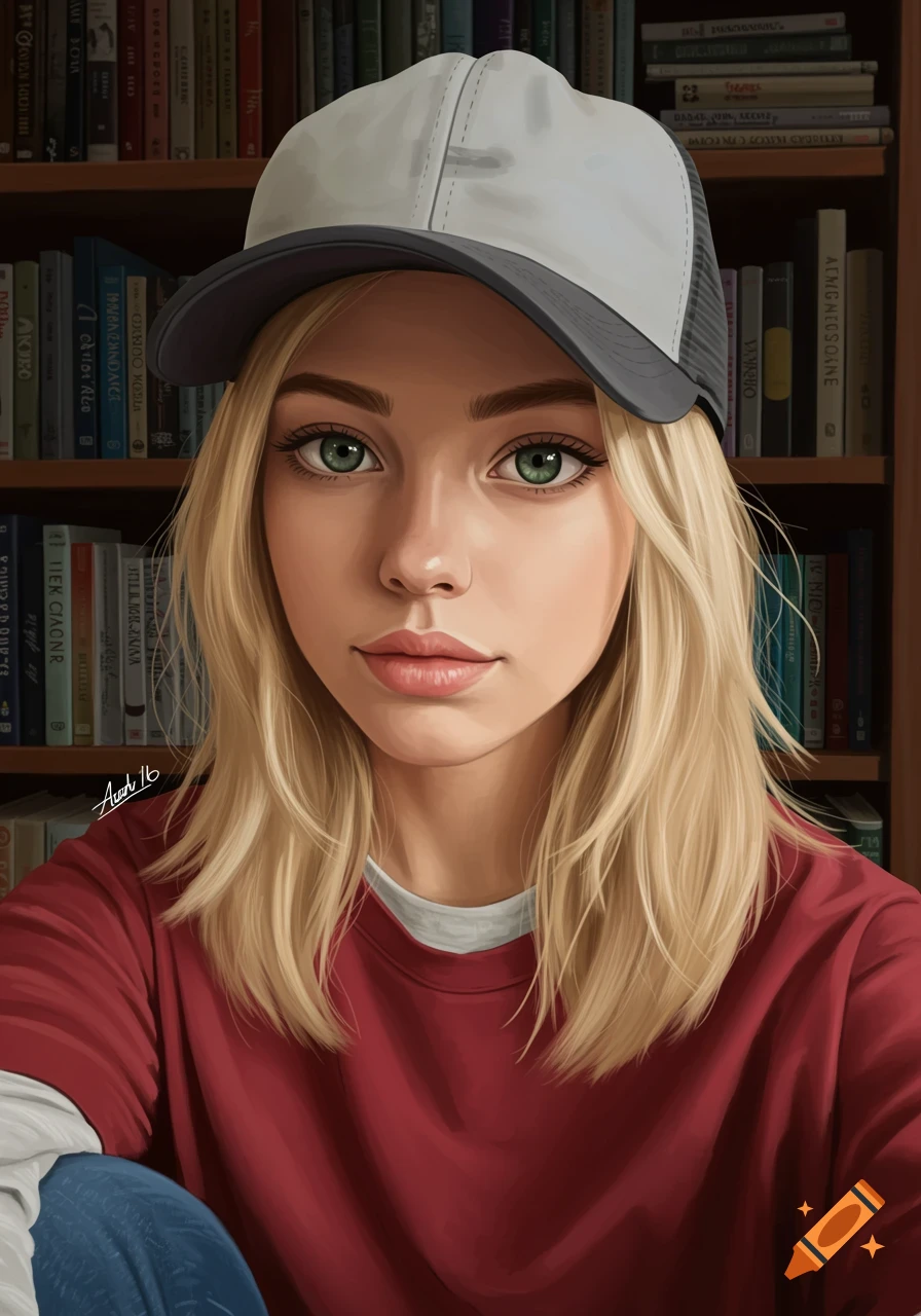A blonde girl in a baseball cap and red shirt sits in front of a bookshelf.
