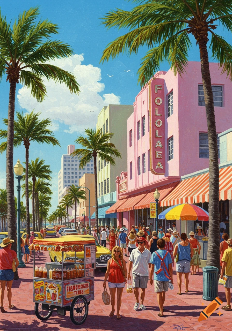 A busy street in a tropical city with palm trees and colorful buildings.