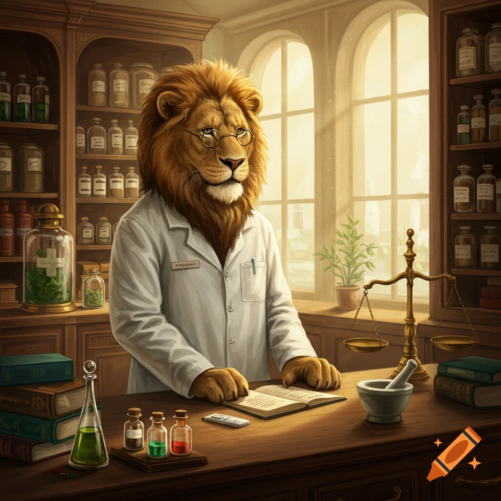 A lion pharmacist in a lab coat and glasses stands in a vintage pharmacy setting, looking at a book.