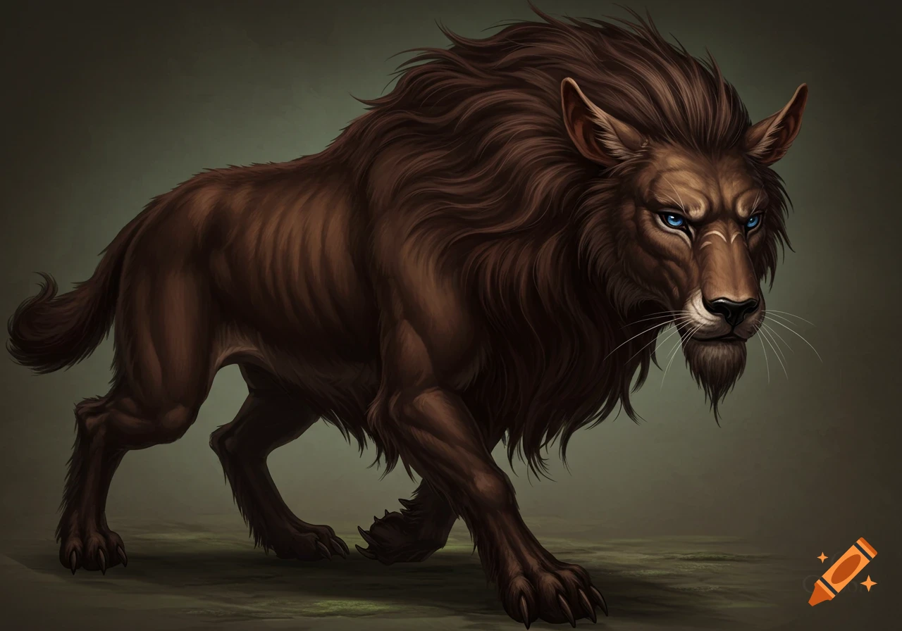 A brown fantasy creature resembling a lion with blue eyes.