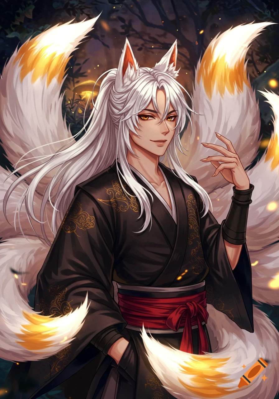 Digital painting of a male Kitsune with white hair, fox ears, and multiple tails, wearing a black kimono.