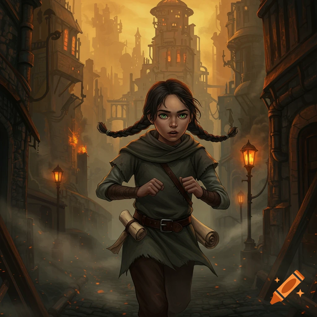 A girl with braided hair runs through a steampunk city street at dusk.
