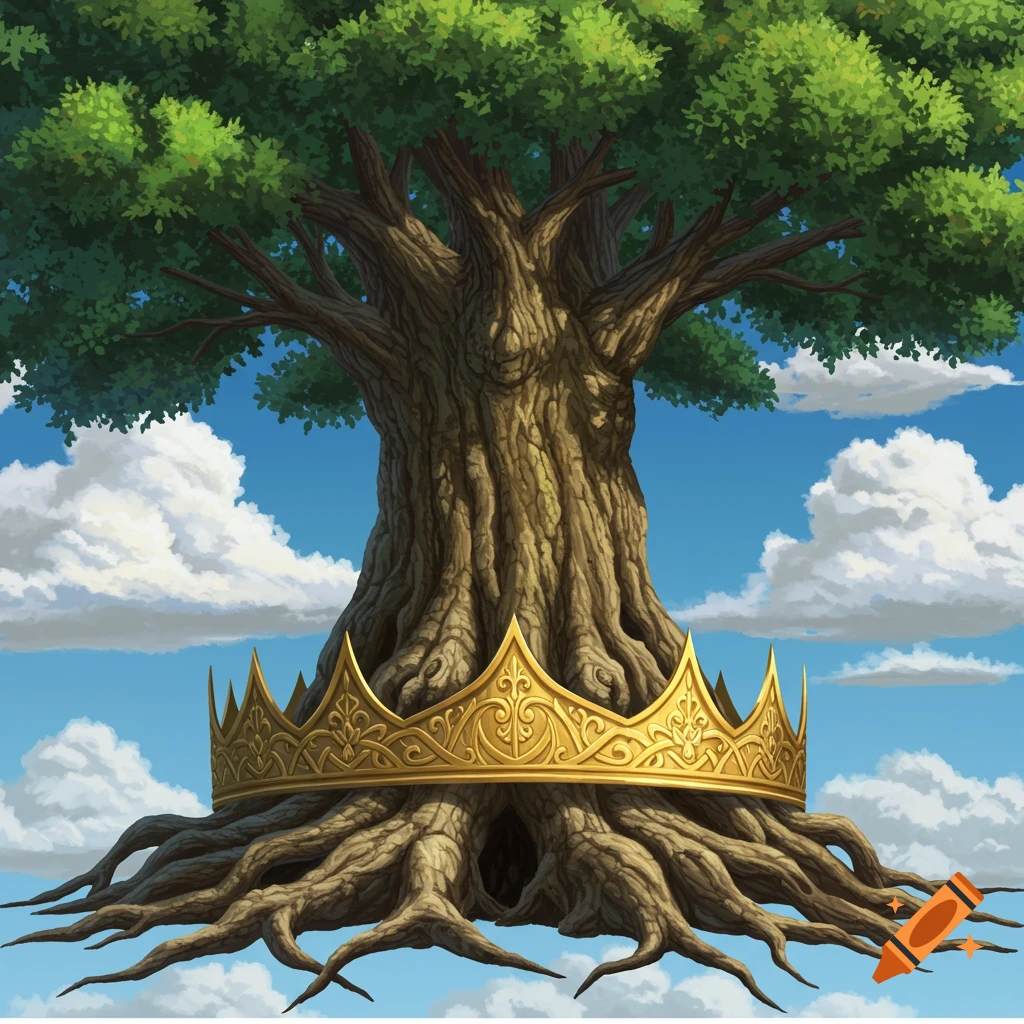A large tree with a golden crown around its base stands against a cloudy blue sky