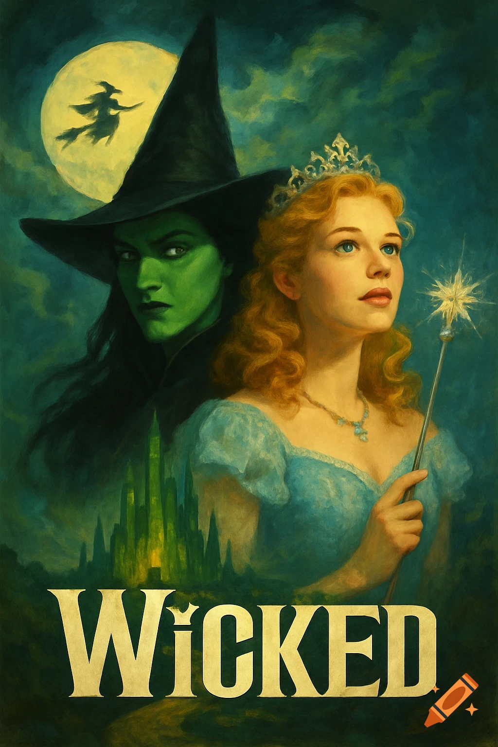 Poster for Wicked featuring a green witch and a blonde woman.