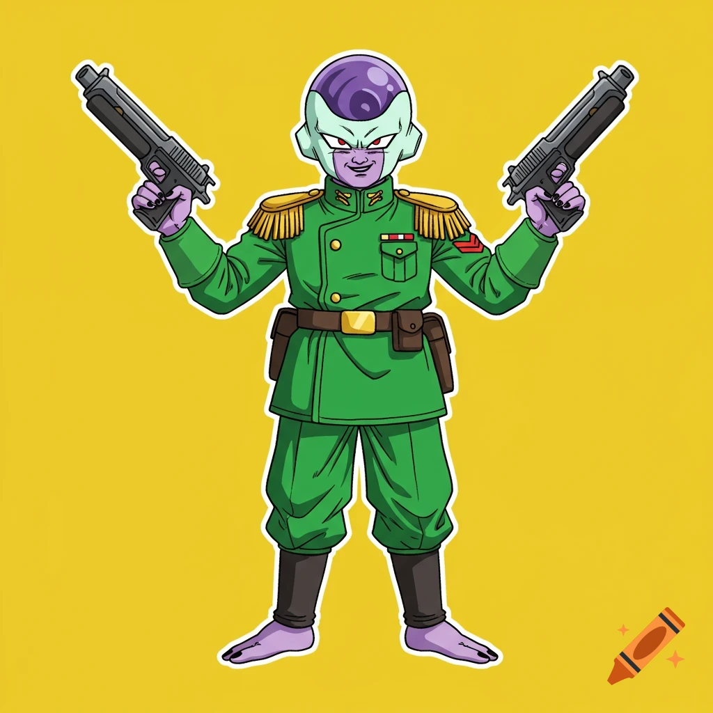 A character resembling Frieza from Dragon Ball Z in a green military uniform holding two pistols.