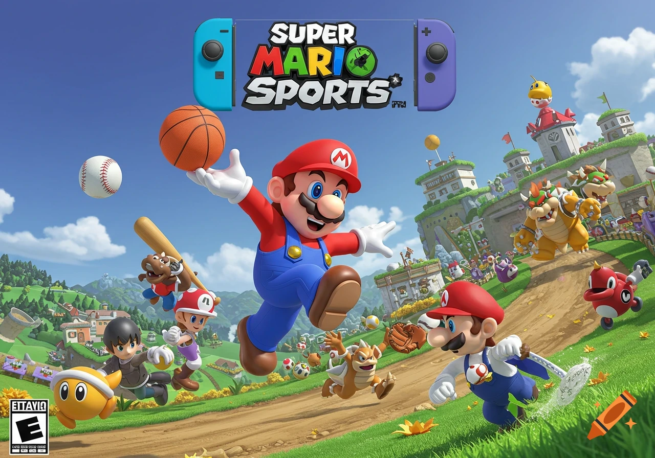Super Mario Sports game cover art featuring Mario jumping with a basketball, Bowser, Luigi, and other characters playing various sports.