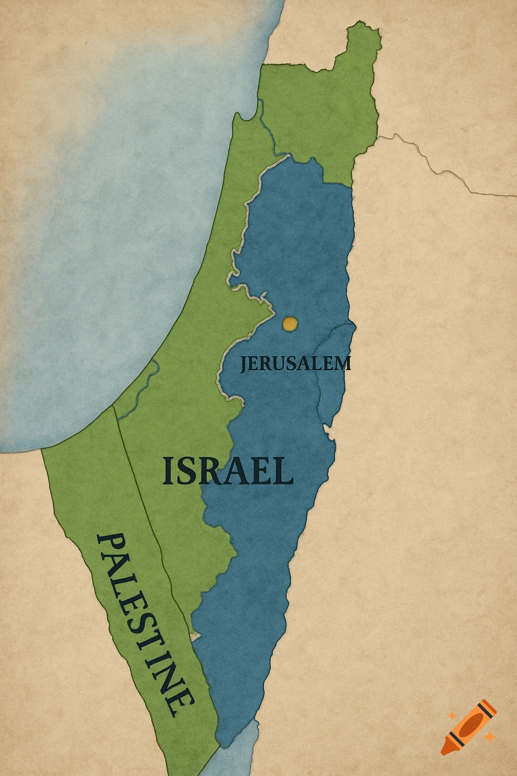Vintage watercolor map of Israel and Palestine with labeled territories and Jerusalem