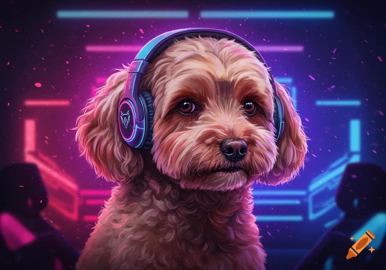 A cockapoo dog wears neon headphones in a cyberpunk room.