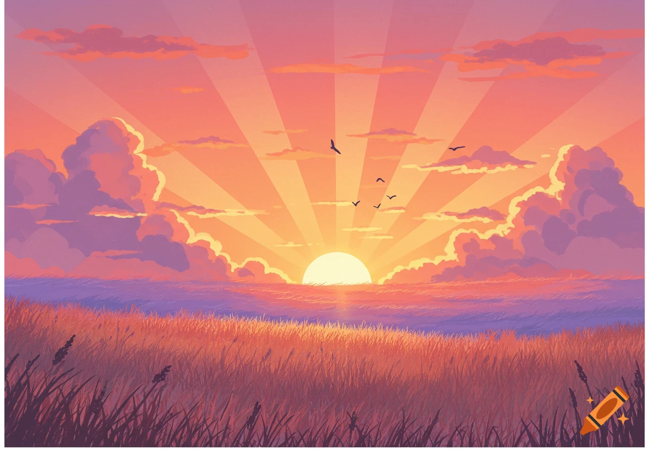 Stylized sunrise over a field with clouds and birds.
