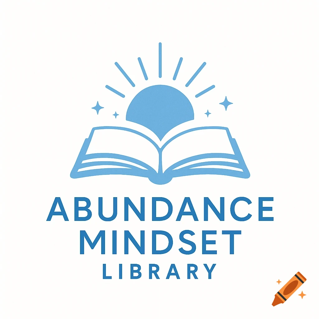 A blue minimalist logo featuring an open book with a rising sun and rays above it, and the text "ABUNDANCE MINDSET LIBRARY" below.