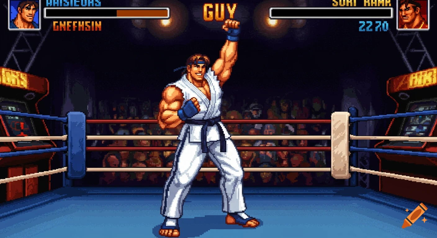 Pixel art of Guy from fighting games in a boxing ring, performing a victory pose.