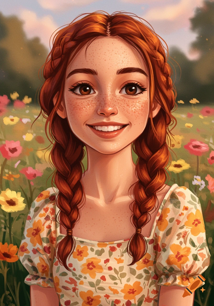 Illustration of a smiling girl with auburn braids and freckles standing in a sunny field of flowers.