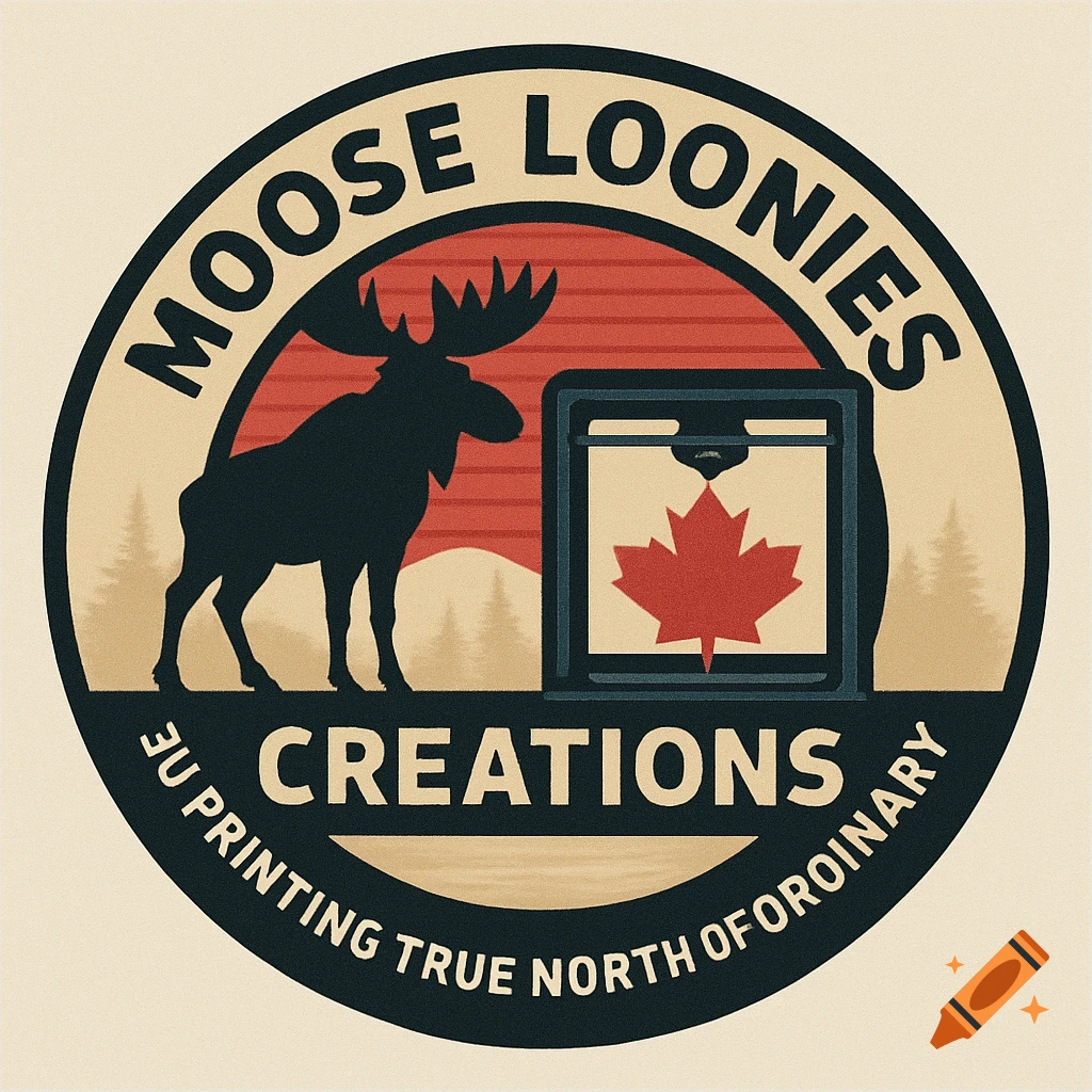 Circular logo with a silhouette of a moose and mountains, a 3D printer printing a maple leaf, and text.