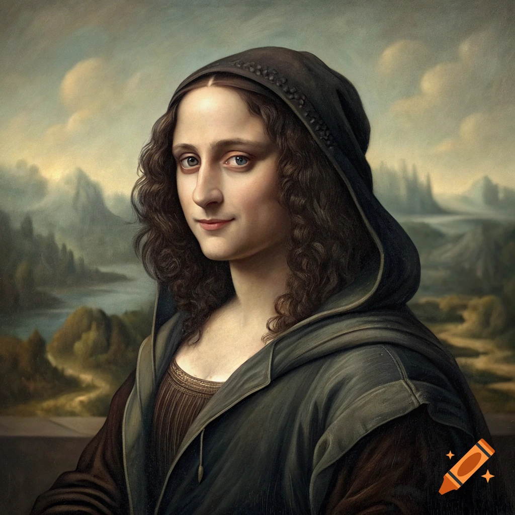 Portrait of a person in a hooded cloak in the style of the Mona Lisa painting