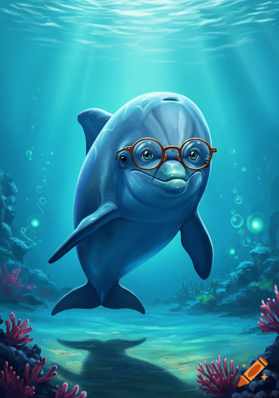 Cartoon dolphin wearing glasses and smiling underwater.