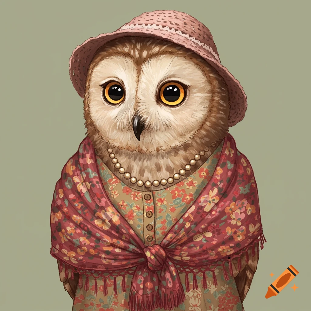 An owl dressed as an old woman wearing a hat, shawl, and dress.