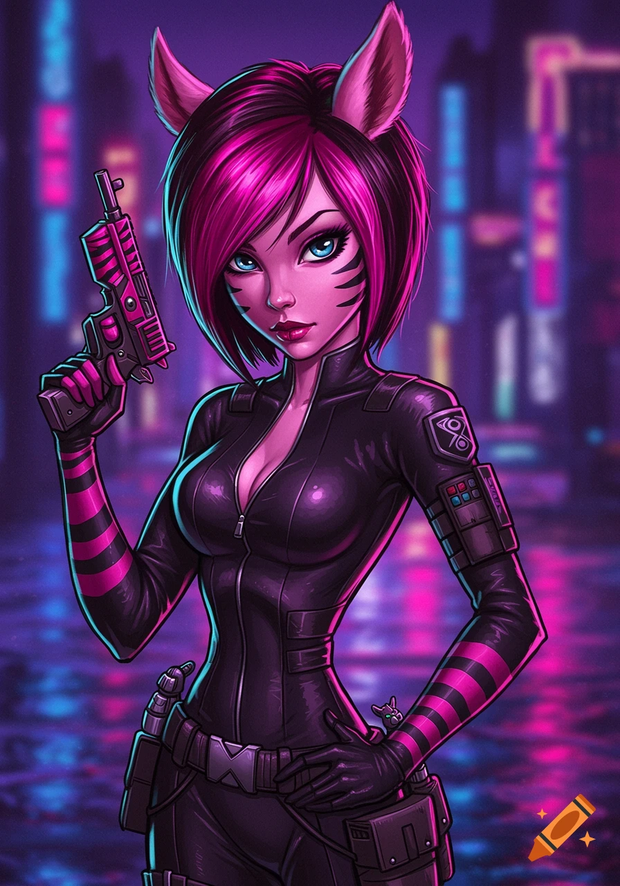 Pink-haired cyberpunk girl with cat ears and tiger stripes in a black suit holds a pistol in a neon city.