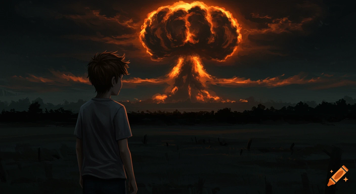 A boy watches a large atomic explosion mushroom cloud rise over a dark landscape.