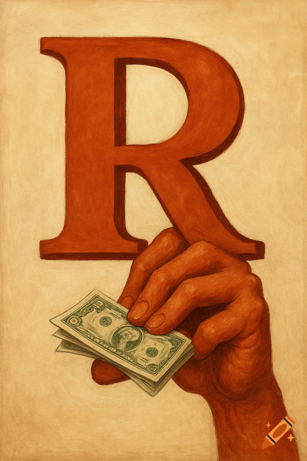 Stylized painting of a hand holding a wad of cash next to a large letter R.