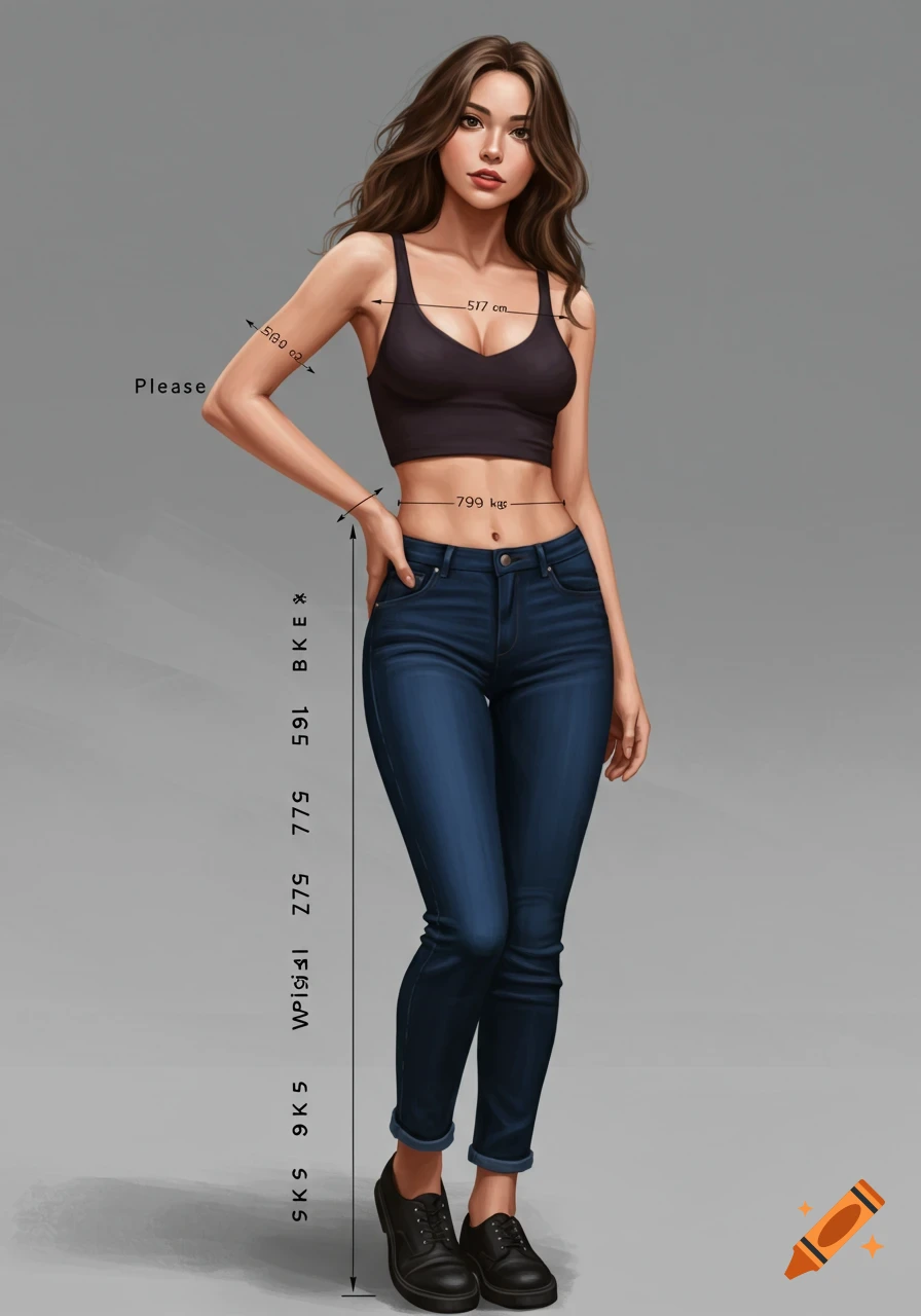 Woman in a crop top and jeans with measurement annotations.