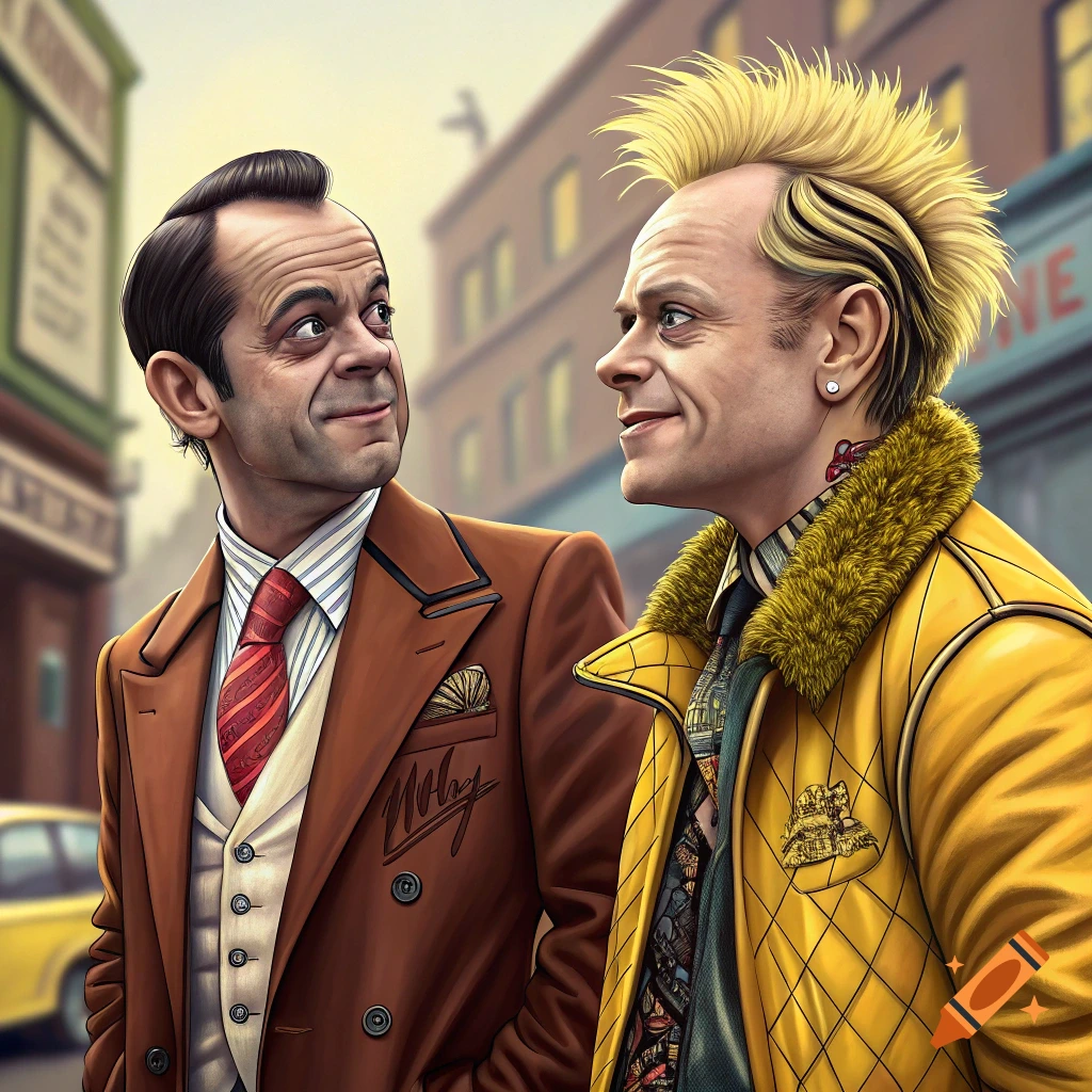Two men resembling Del Boy and Keith Flint stand on a street, looking at each other.