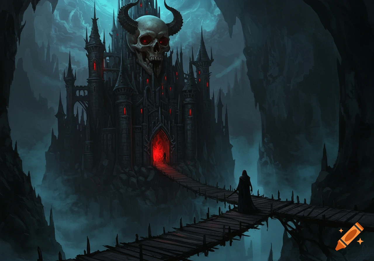 A dark fantasy castle with a skull on top, and a cloaked figure walking on a bridge.