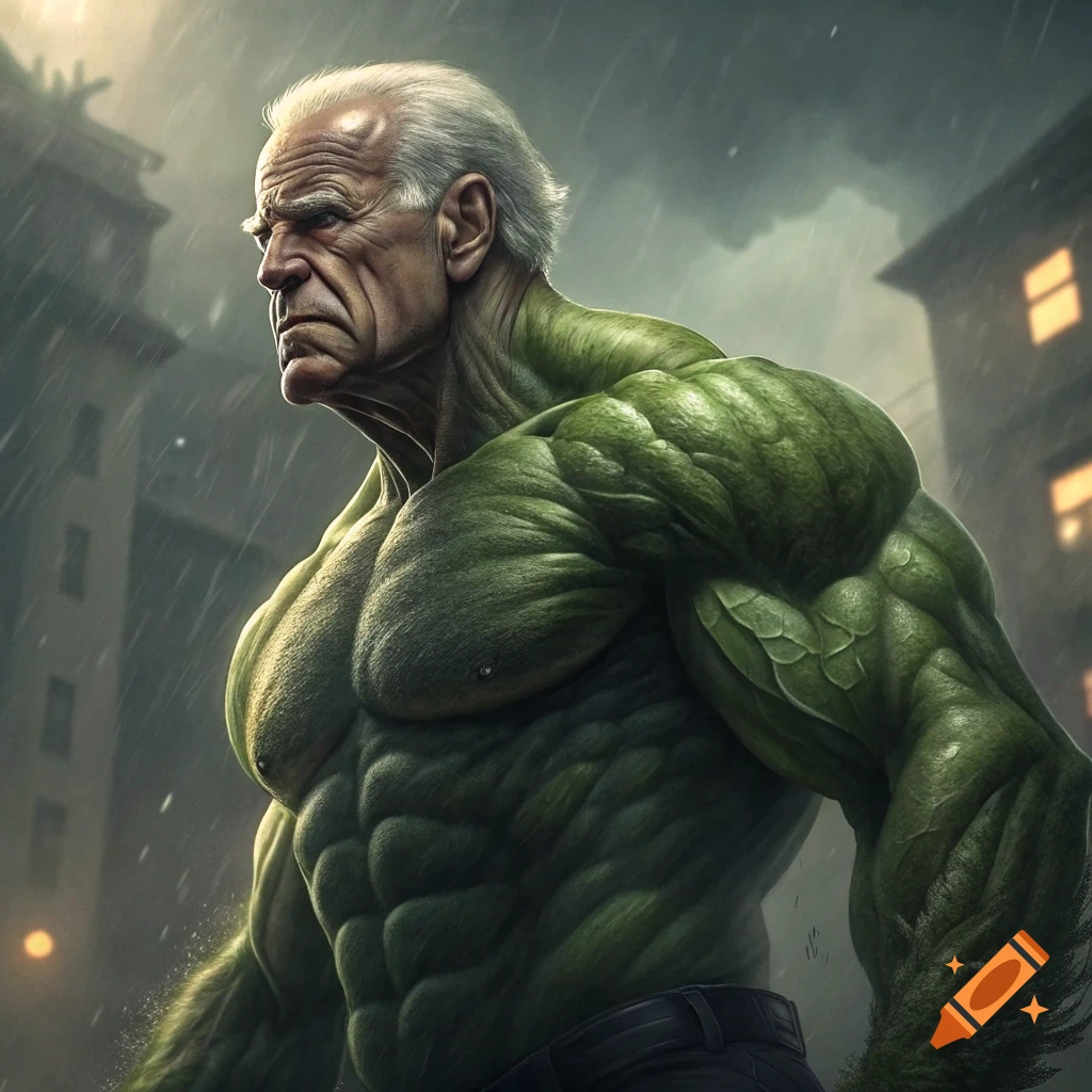 Joe Biden depicted as the Hulk standing in the rain in a city street.