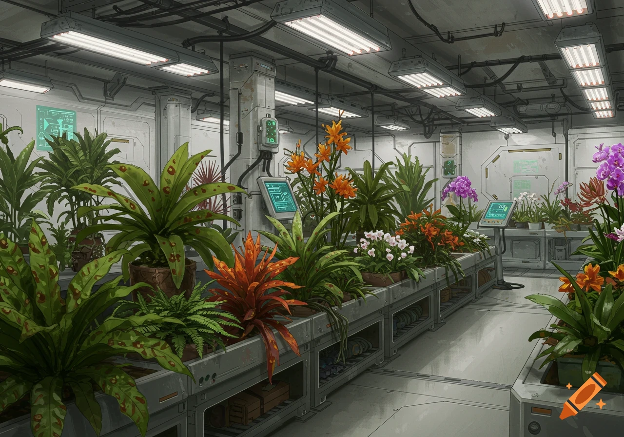An indoor science fiction greenhouse filled with various plants, including colorful flowers, growing in long beds with technological monitors.