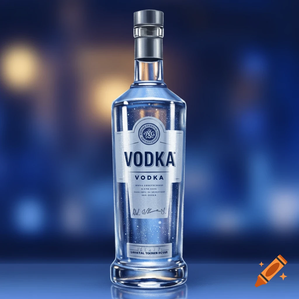 A realistic rendering of a bottle of vodka with a metallic cap, set against a blurry blue background.