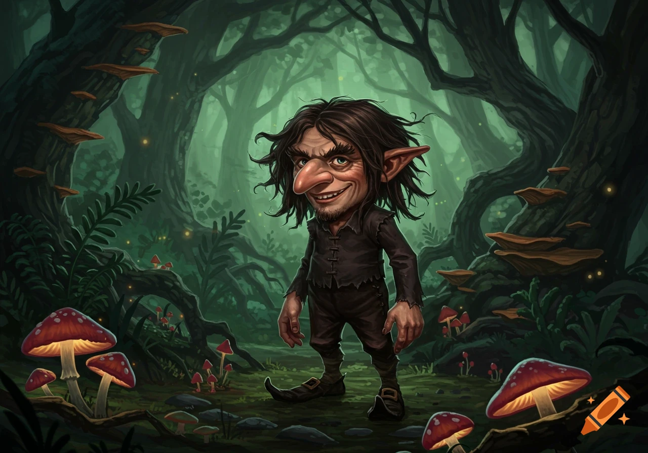 Cartoonish Rumplestiltskin character with a mischievous smile standing in a dark, mossy forest with glowing mushrooms.