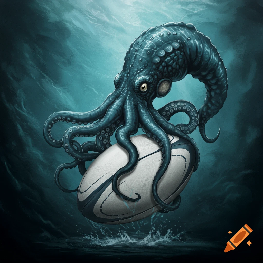 Digital painting of an octopus holding a rugby ball in the water.