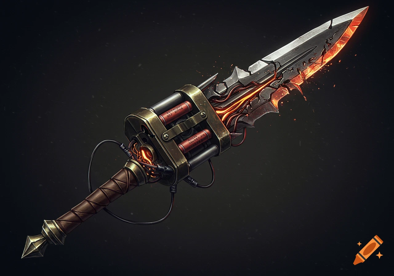 A detailed fantasy sword with mechanical components, red glowing tubes, and a blade crackling with orange energy on a dark background.