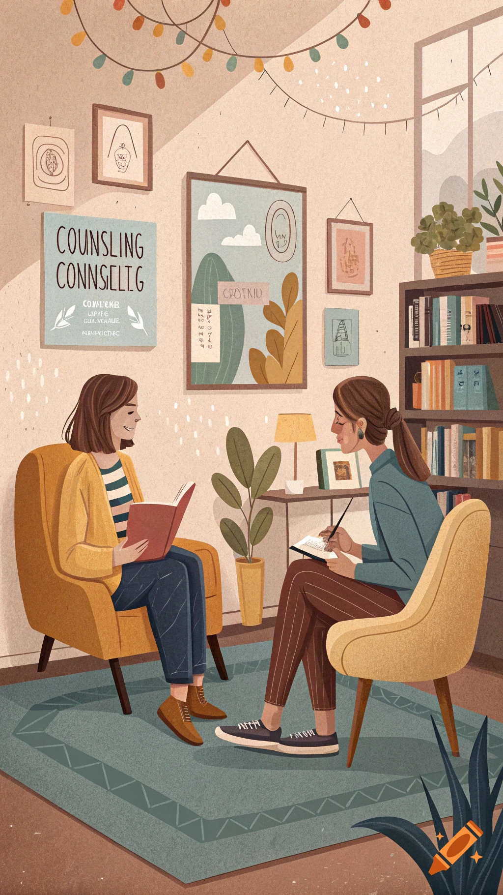 Illustration of two women in a warm counseling room, one reading, one writing.