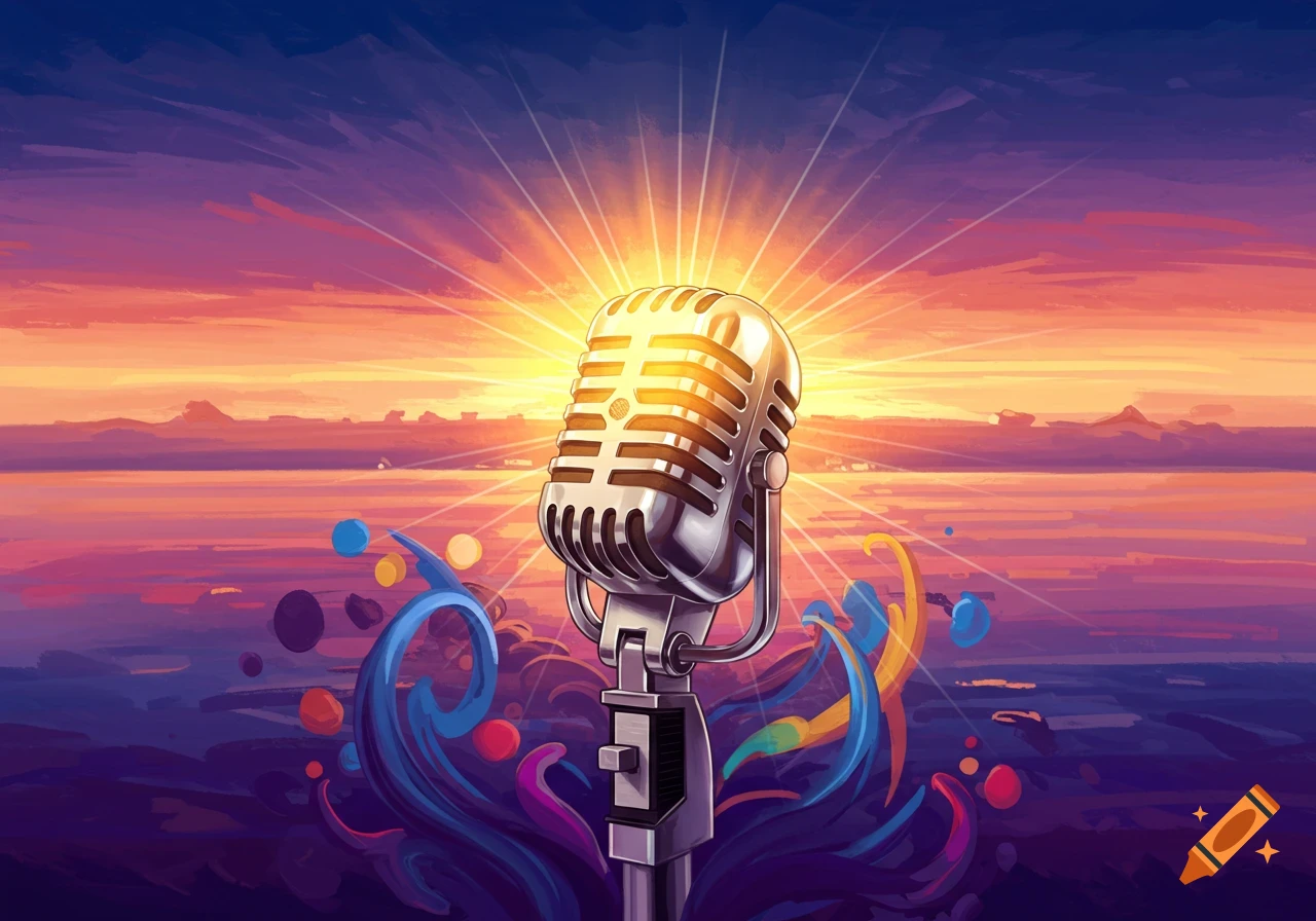 A vintage microphone in front of a vibrant sunset with colorful abstract shapes.