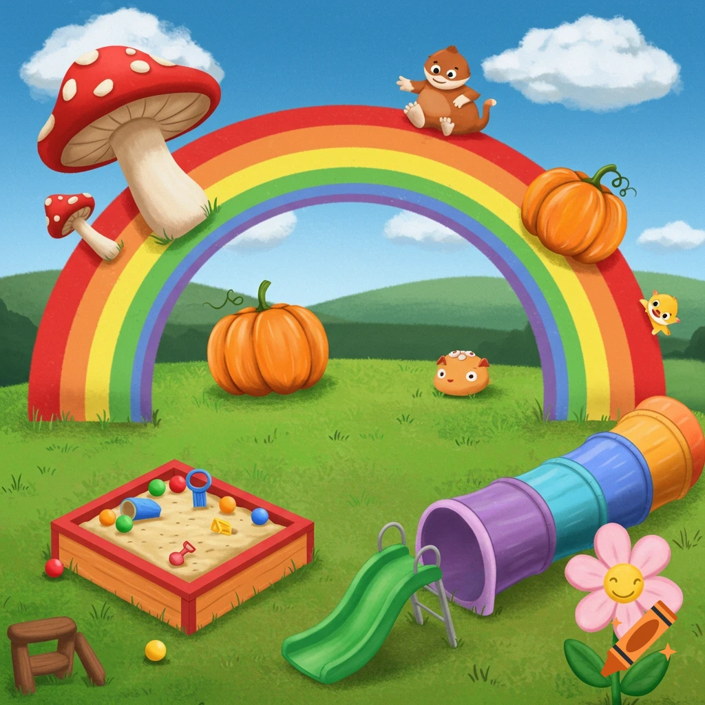 A bright cartoon illustration of a playful landscape with a rainbow, mushrooms, pumpkins, and playground equipment including a sandbox, slide, and tunnel.