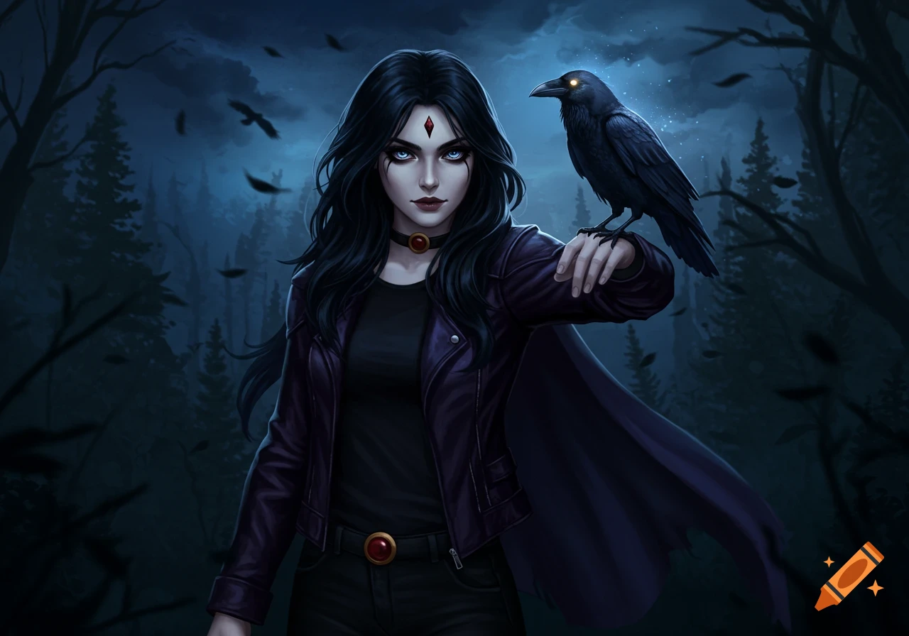 A dark illustration of a young woman with black hair and blue eyes holding a raven on her arm in a forest at night.