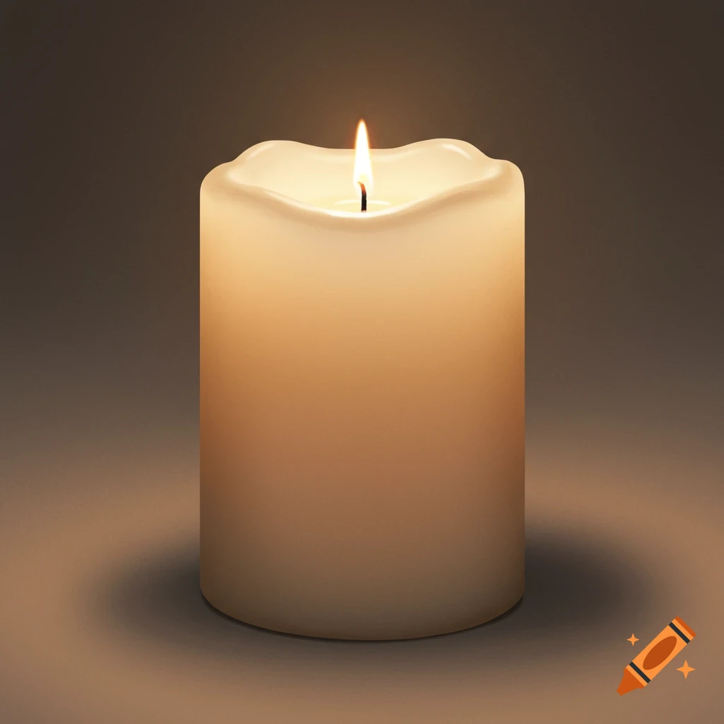 A large white candle with a burning flame.