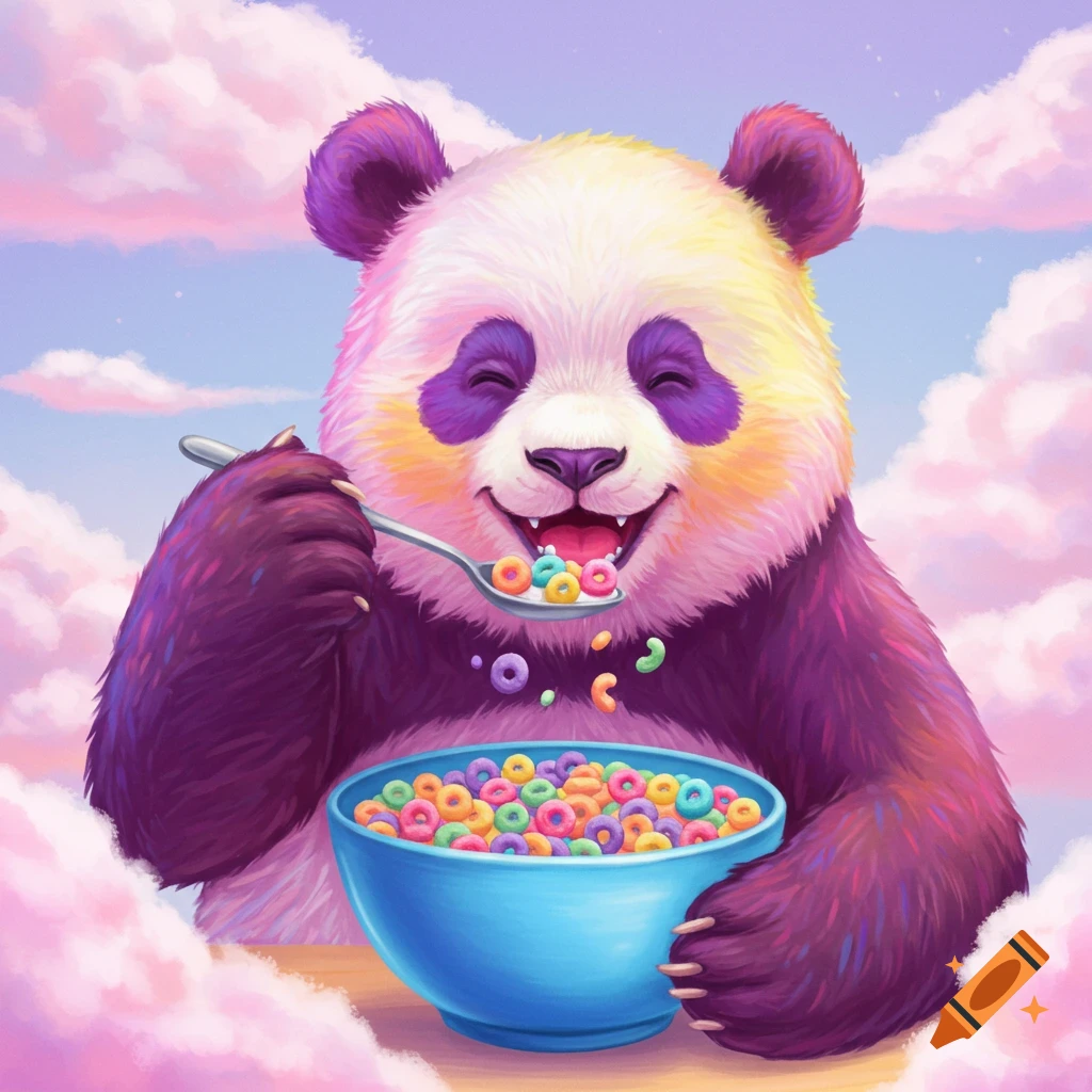 Colorful illustration of a panda eating a bowl of rainbow cereal with a spoon against a cloudy sky.