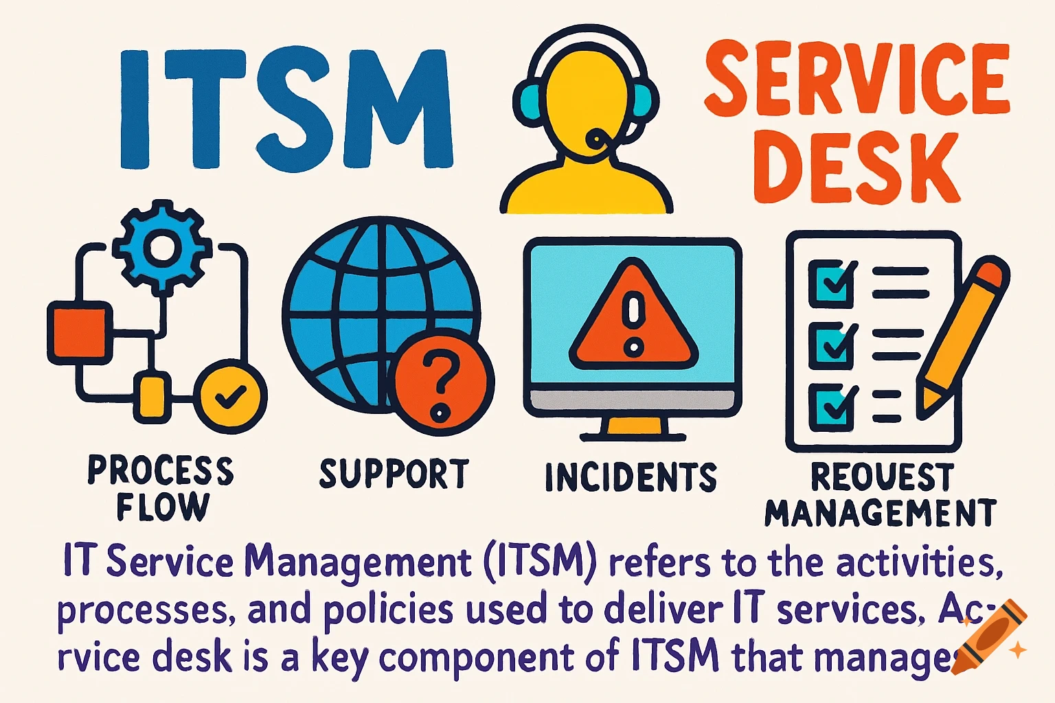 Colorful illustration about ITSM and Service Desk with icons for process flow, support, incidents, and request management.