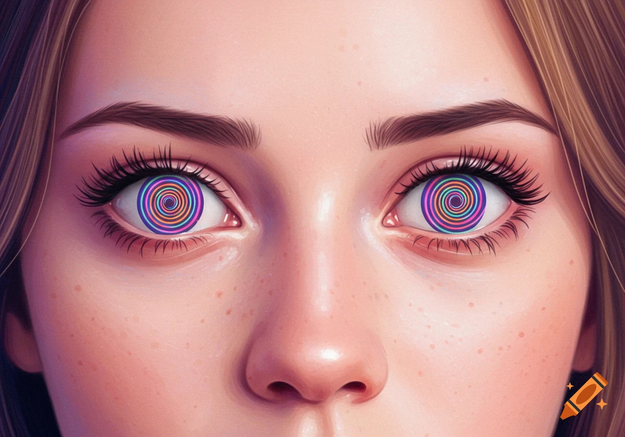 A close-up illustration of a person's face with swirling rainbow eyes.