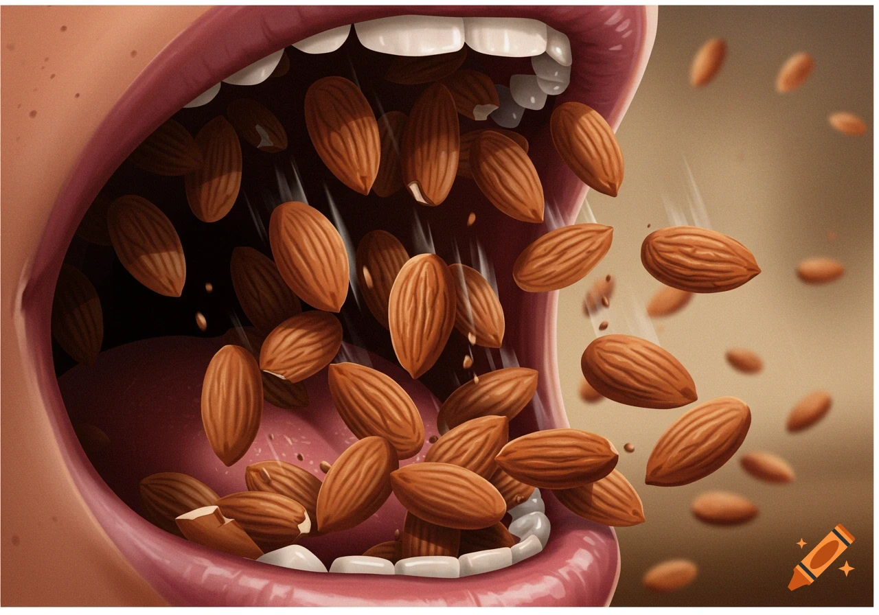 Close-up of almonds falling into an open mouth.