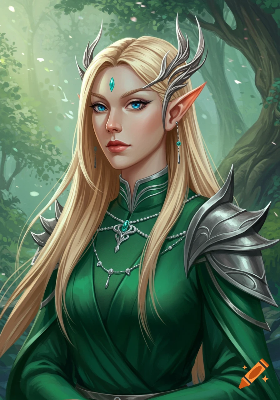 An elven woman with blonde hair and blue eyes, wearing green robes in a forest.