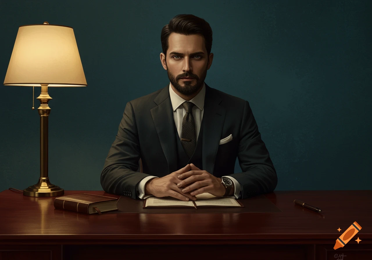 A handsome man in a suit sits at a large wooden desk, looking directly at the viewer. A lamp and books are on the desk.