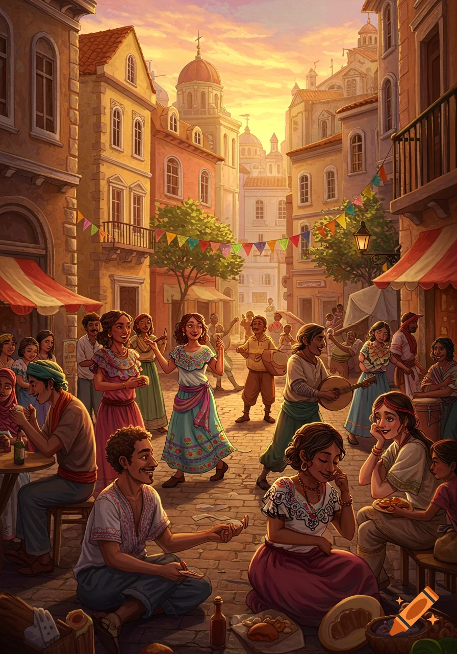 Lively street festival scene in a vibrant town square at sunset with people dancing, playing music, and sitting.
