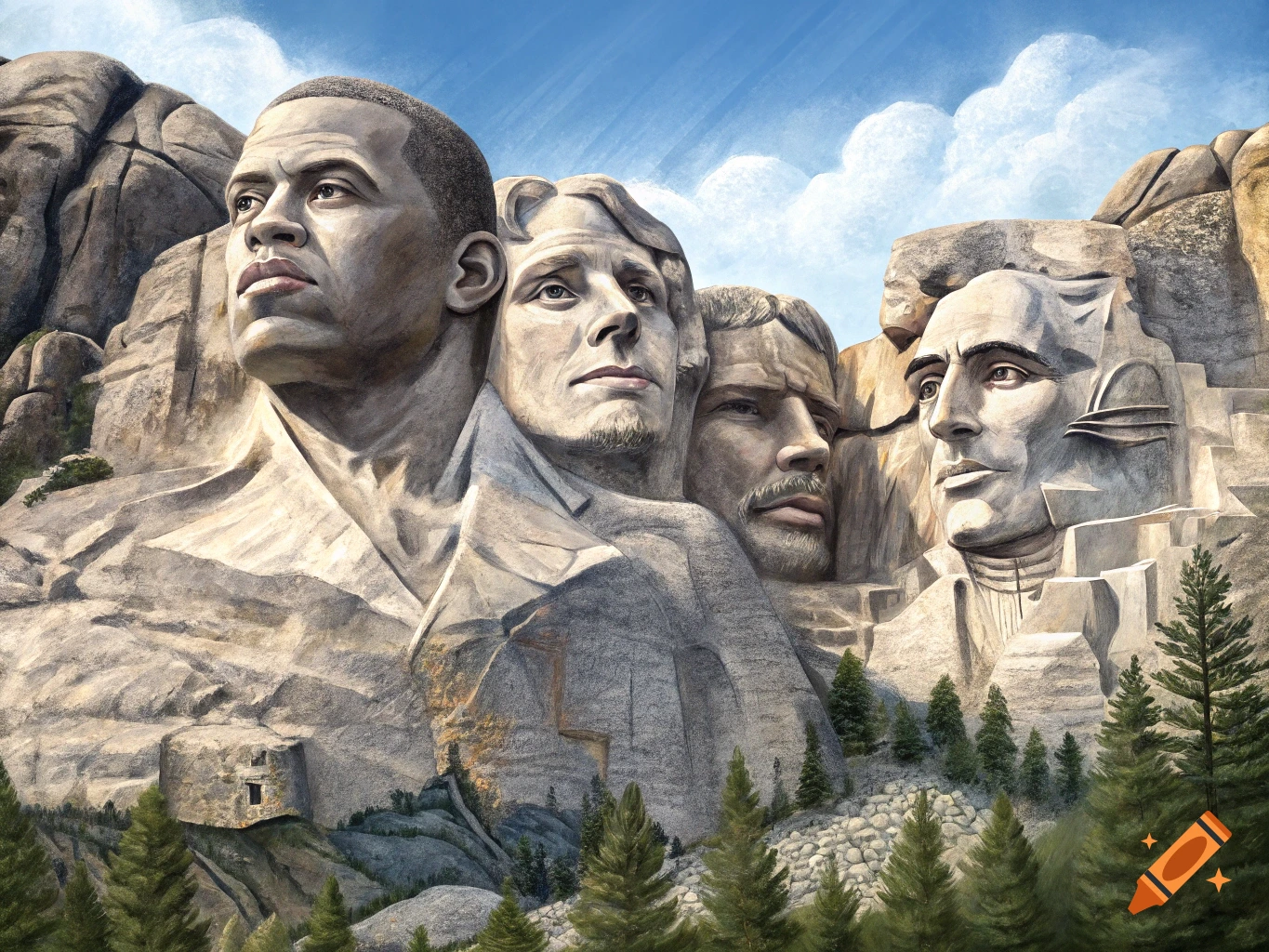 A painted illustration of a Mount Rushmore-style carving featuring four faces on a mountain, with trees in the foreground.
